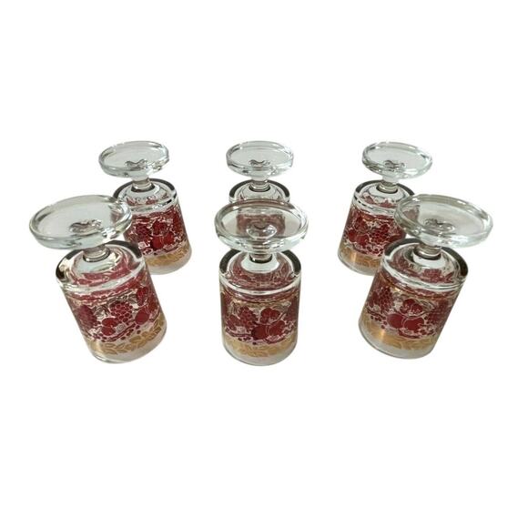 Vintage Red & Fold Motif Footed Glasses Set of 6 Retro Mid Century Barware Drink - Picture 5 of 7